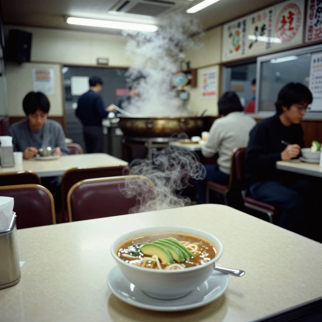 Late Night Osaka Diner Interior with Steamboat and Busy Street View in in Osaka, Japan