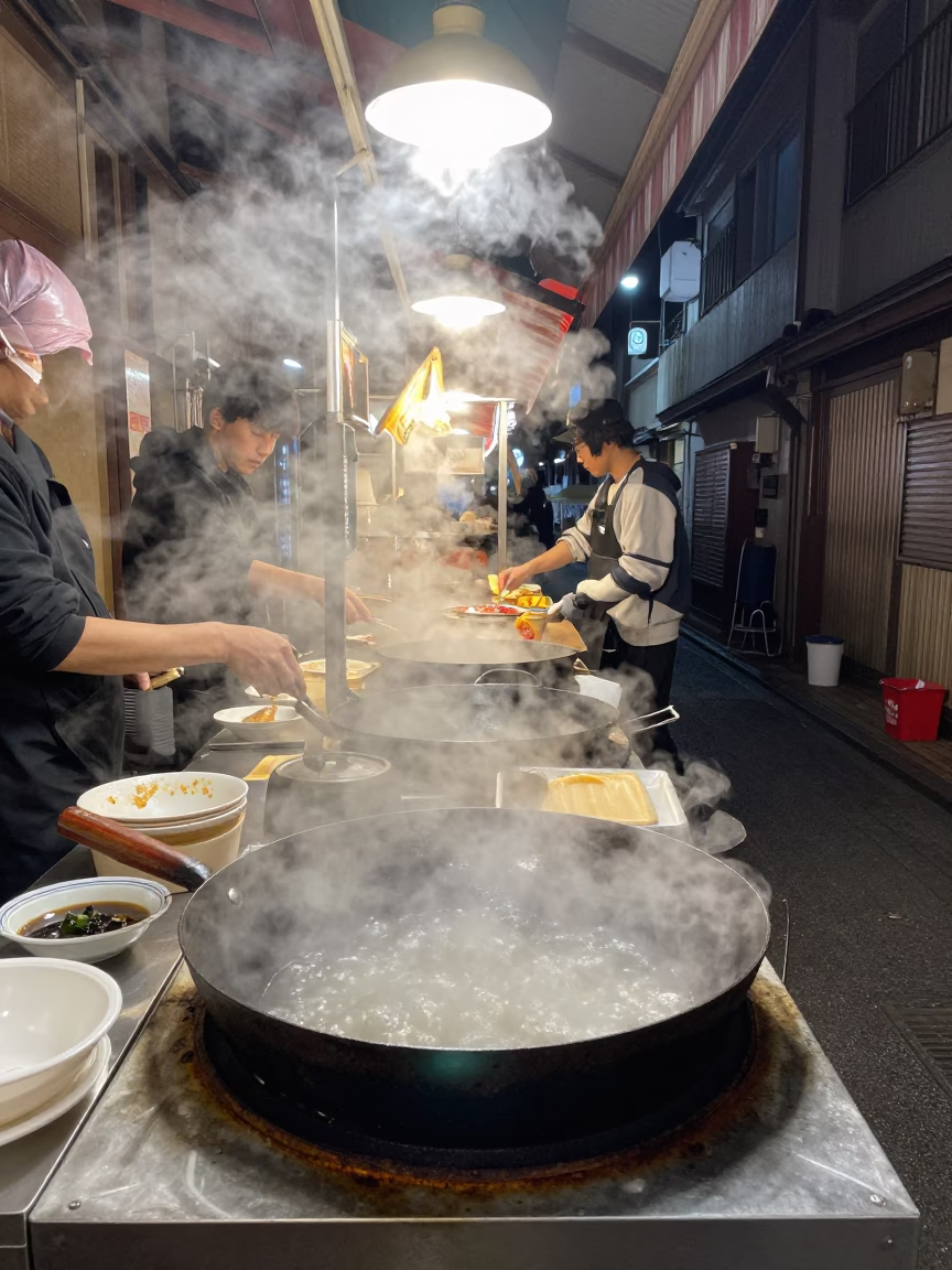 Late Night Osaka Dotonbori Street Food Stall with Steam and Urban Neon Reflections in in Osaka, Japan