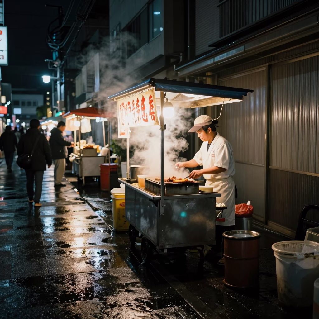 Late Night Osaka Street Food Scene with Steam and Urban Neon Lights in in Osaka, Japan