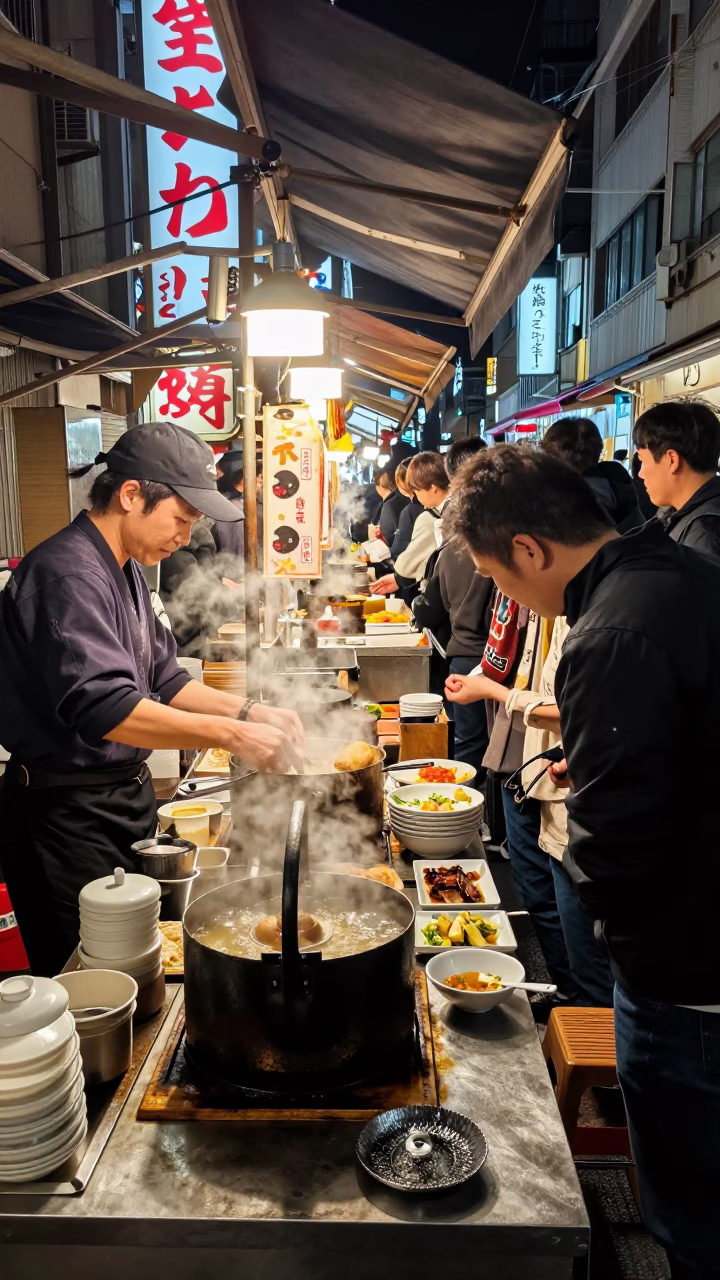 Late Night Osaka Street Food Stall with Ashtray and Tea Kettle in in Osaka, Japan