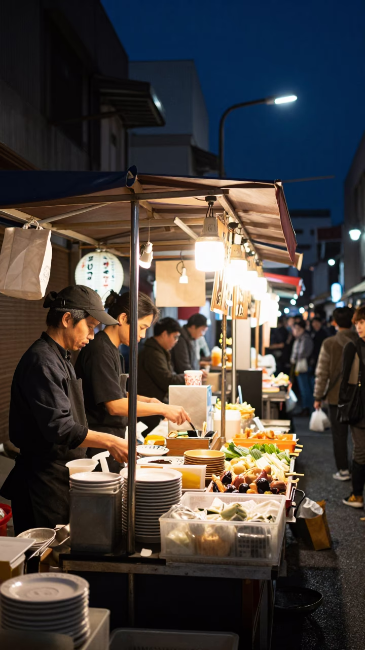 Late Night Osaka Street Food Stall With Plate And Cake Knife in in Osaka, Japan