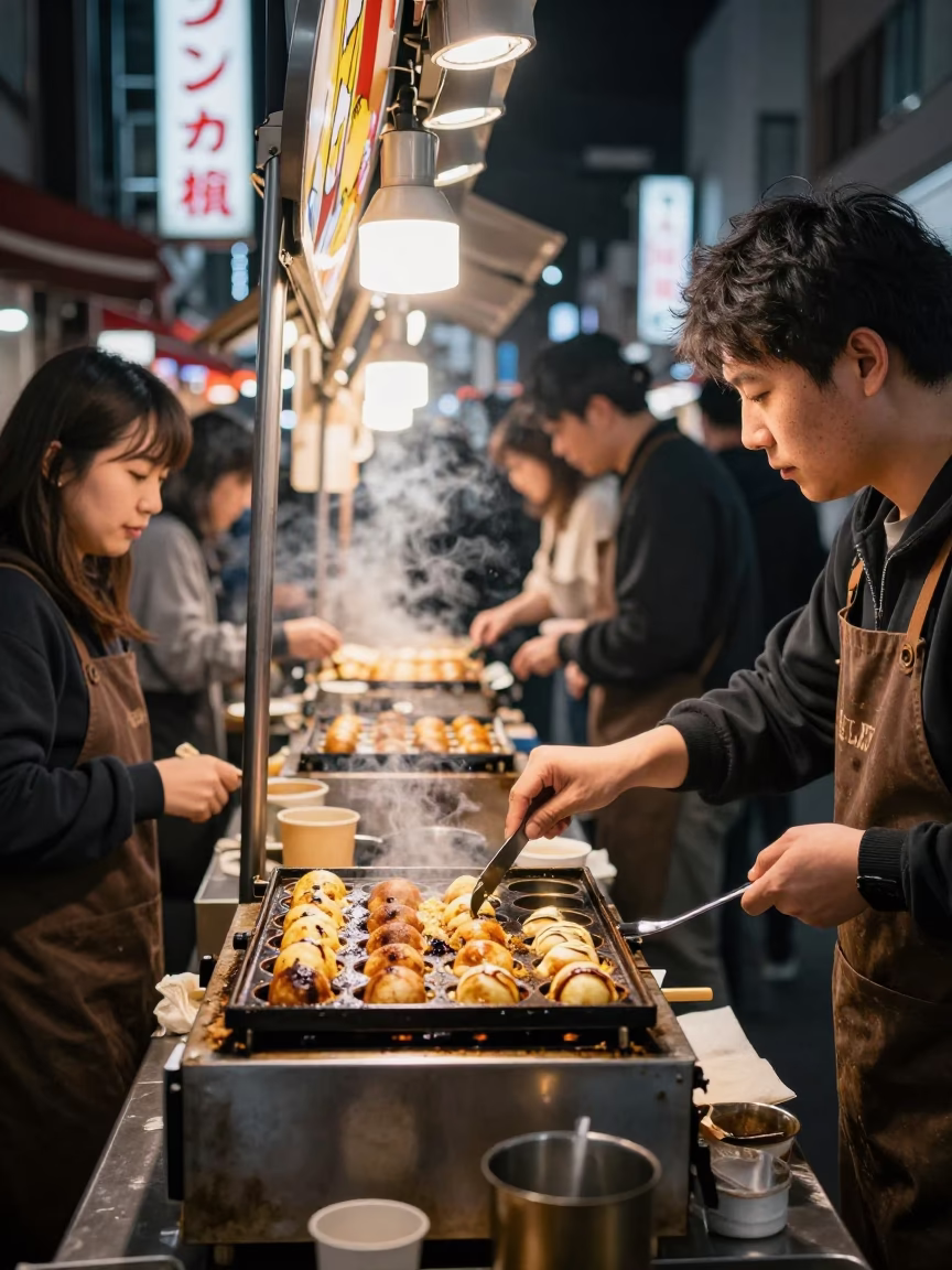 Late Night Osaka Street Food Stall with Sizzling Takoyaki and Urban Neon Reflections in in Osaka, Japan