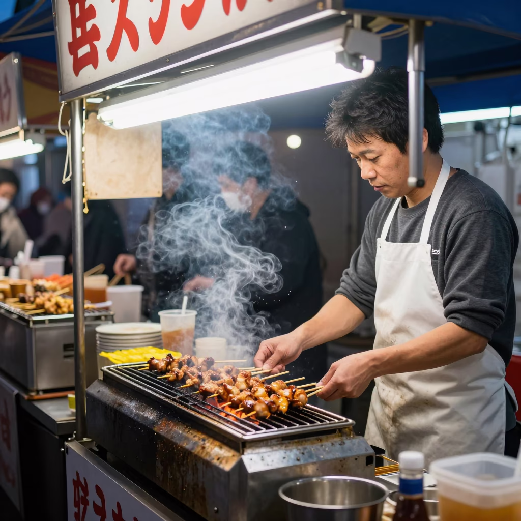 Late Night Osaka Street Food Vendor with Satay Skewers and Neon Lights in in Osaka, Japan