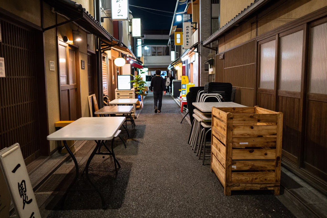 Late Night Osaka Street Scene with Folding Tables and Crate in Urban Alley in in Osaka, Japan