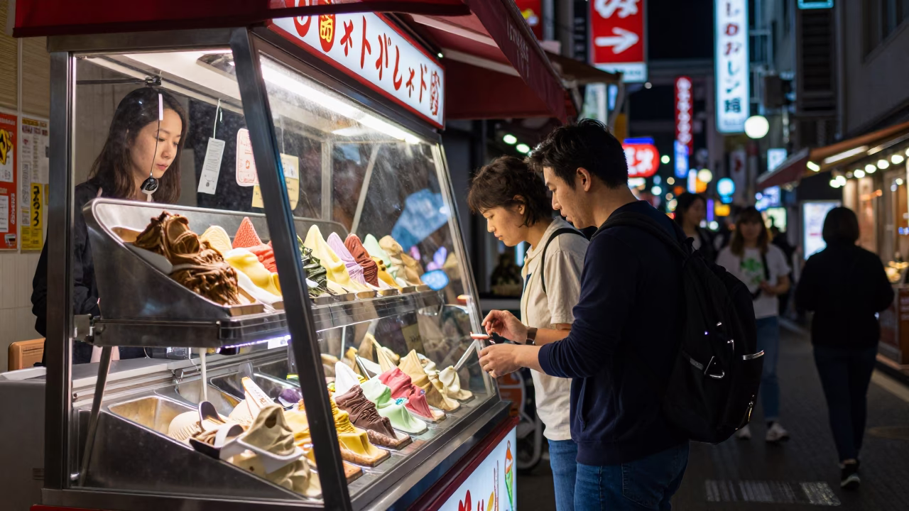 Late Night Osaka Street Scene with Gelato Display and Neon Reflections in in Osaka, Japan