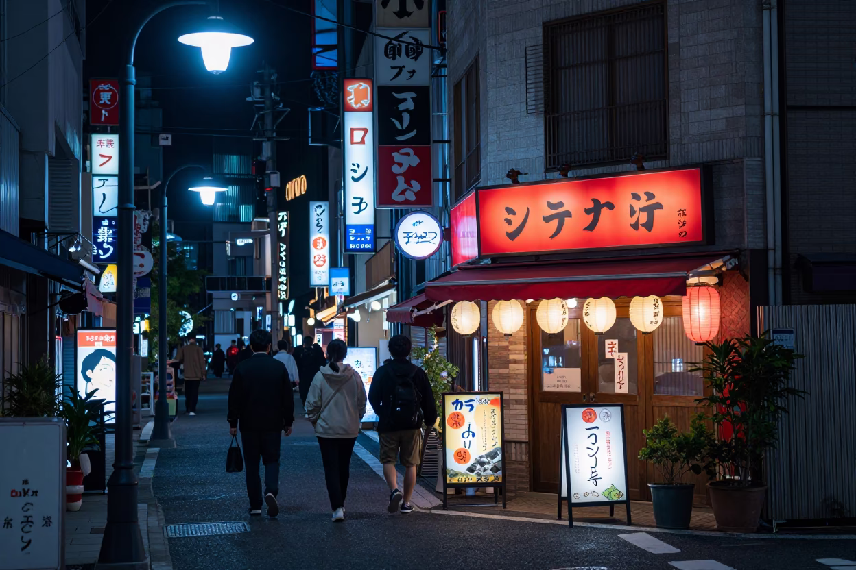 Late Night Osaka Street Scene with Neon Lights and Construction Site Details in in Osaka, Japan