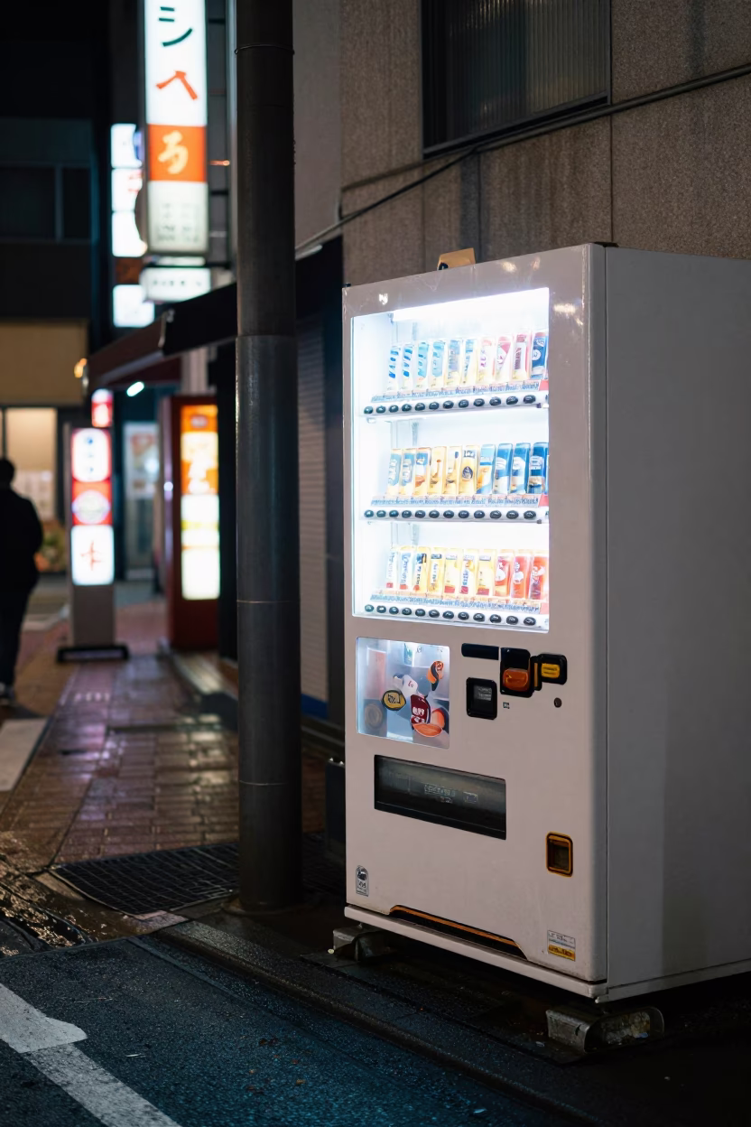 Late Night Osaka Street Scene with Neon Lights and Vending Machines in in Osaka, Japan