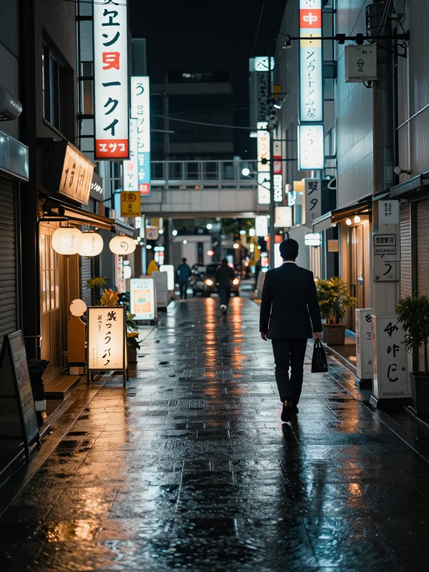 Late Night Osaka Street Scene with Neon Reflections and Local Life in in Osaka, Japan