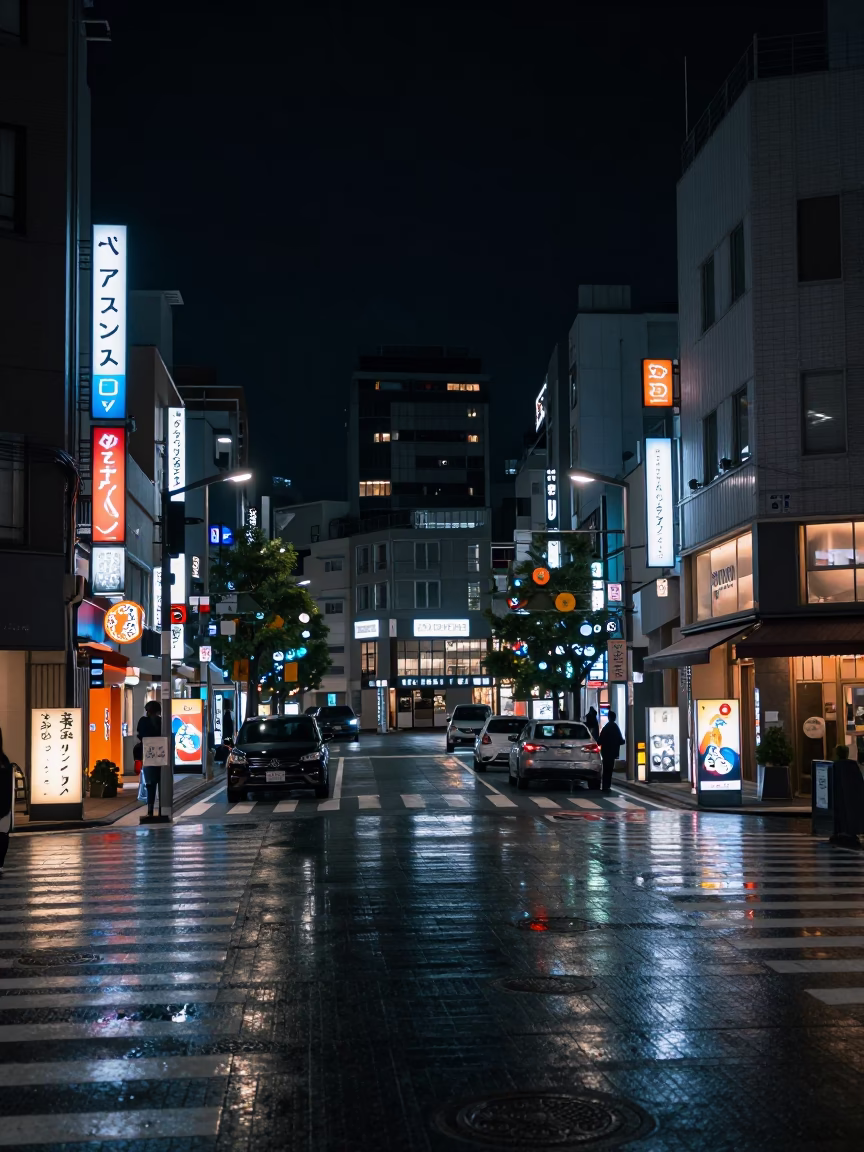Late Night Osaka Street Scene with Neon Reflections and Urban Details in in Osaka, Japan