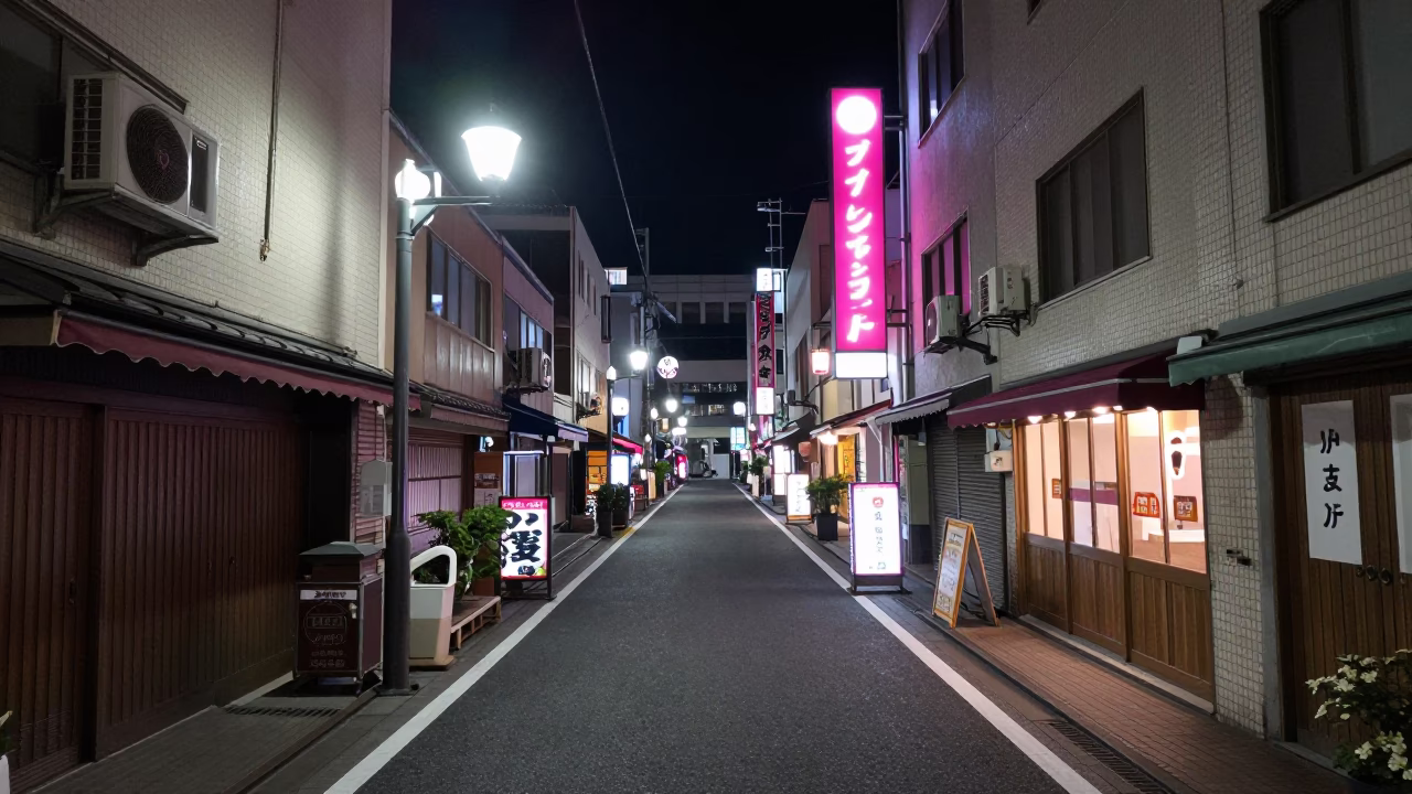 Late Night Osaka Street Scene with Neon Signs and Coffee Shop Interior in in Osaka, Japan