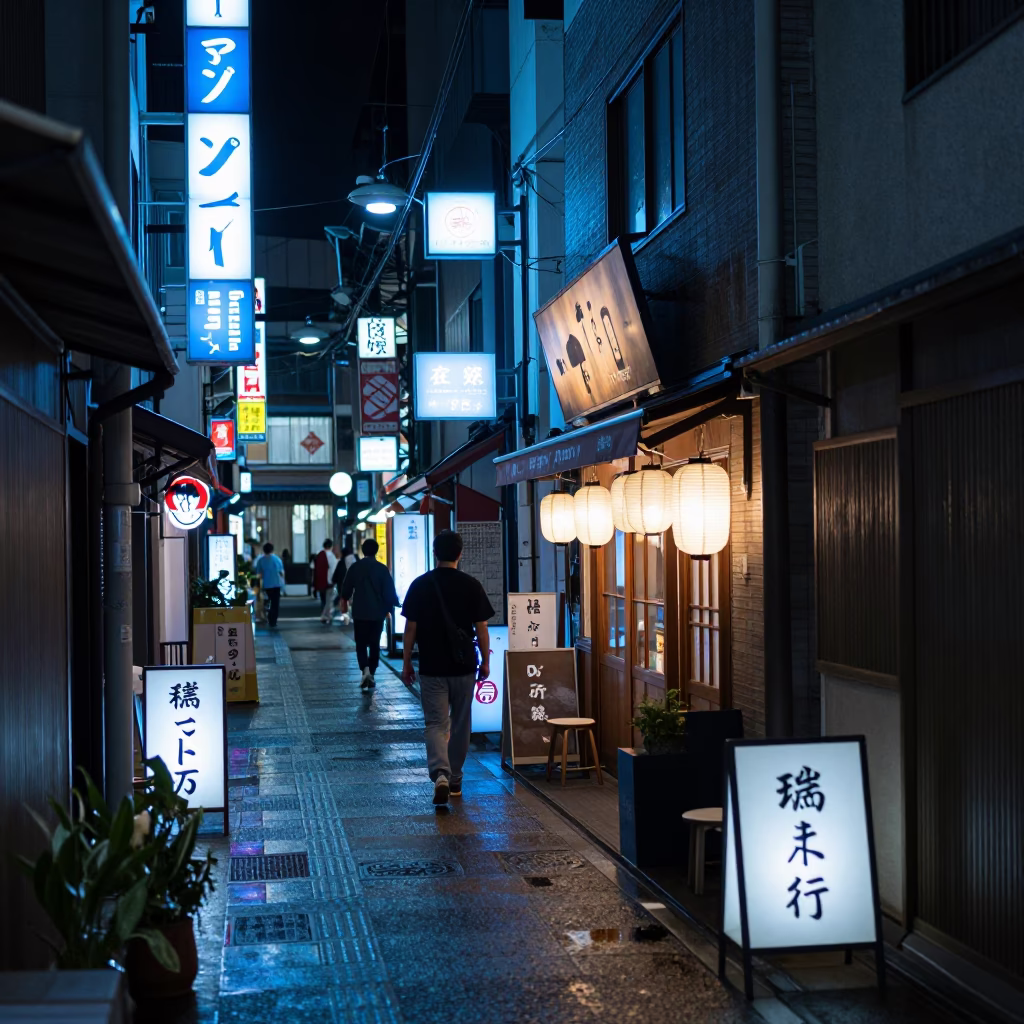 Late Night Osaka Street Scene with Neon Signs and Traditional Shopfronts in in Osaka, Japan