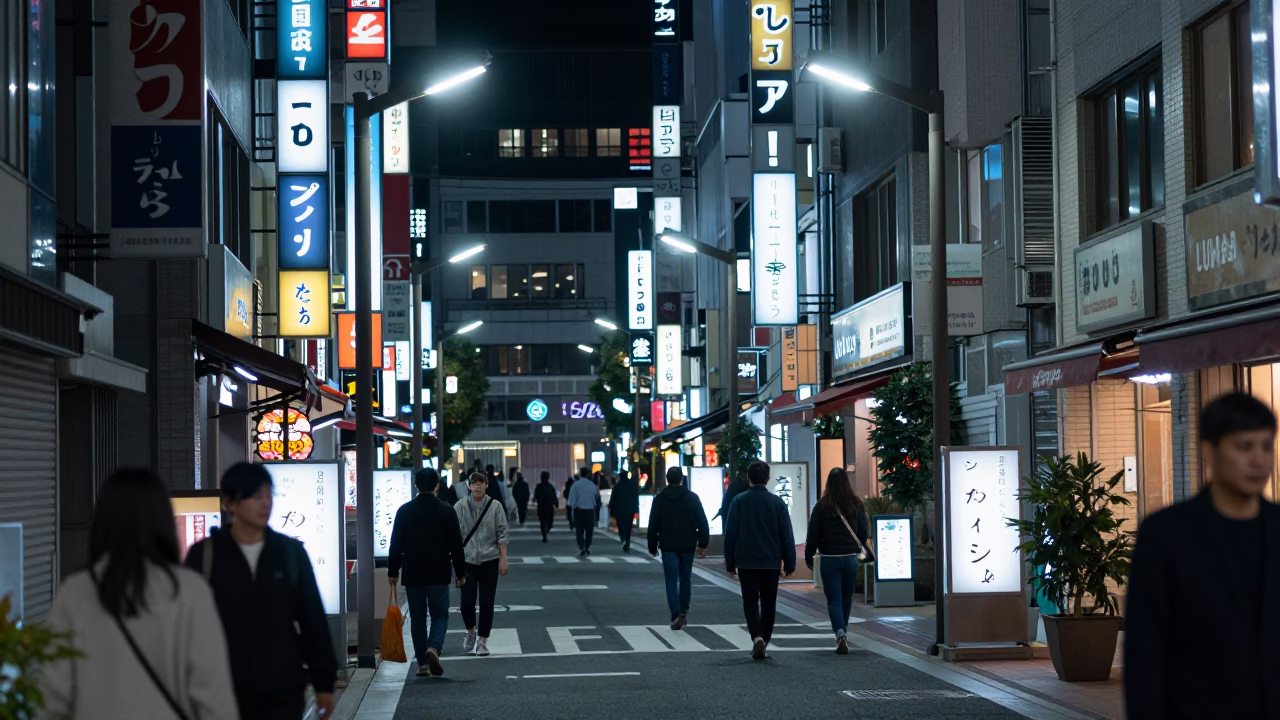 Late Night Osaka Street Scene with Neon Signs and Vending Machine Glow in in Osaka, Japan