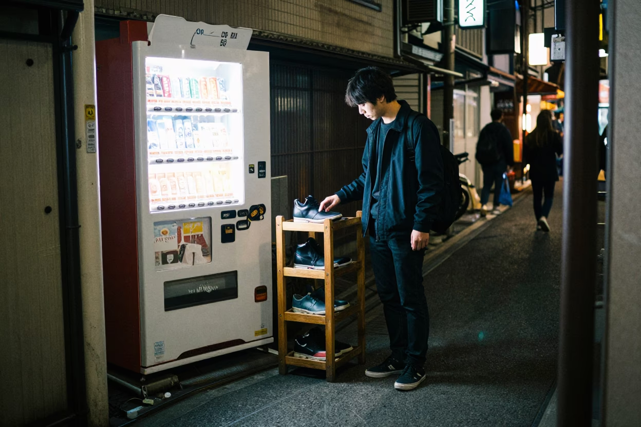 Late Night Osaka Street Scene with Padlock and Shoe Brush in in Osaka, Japan