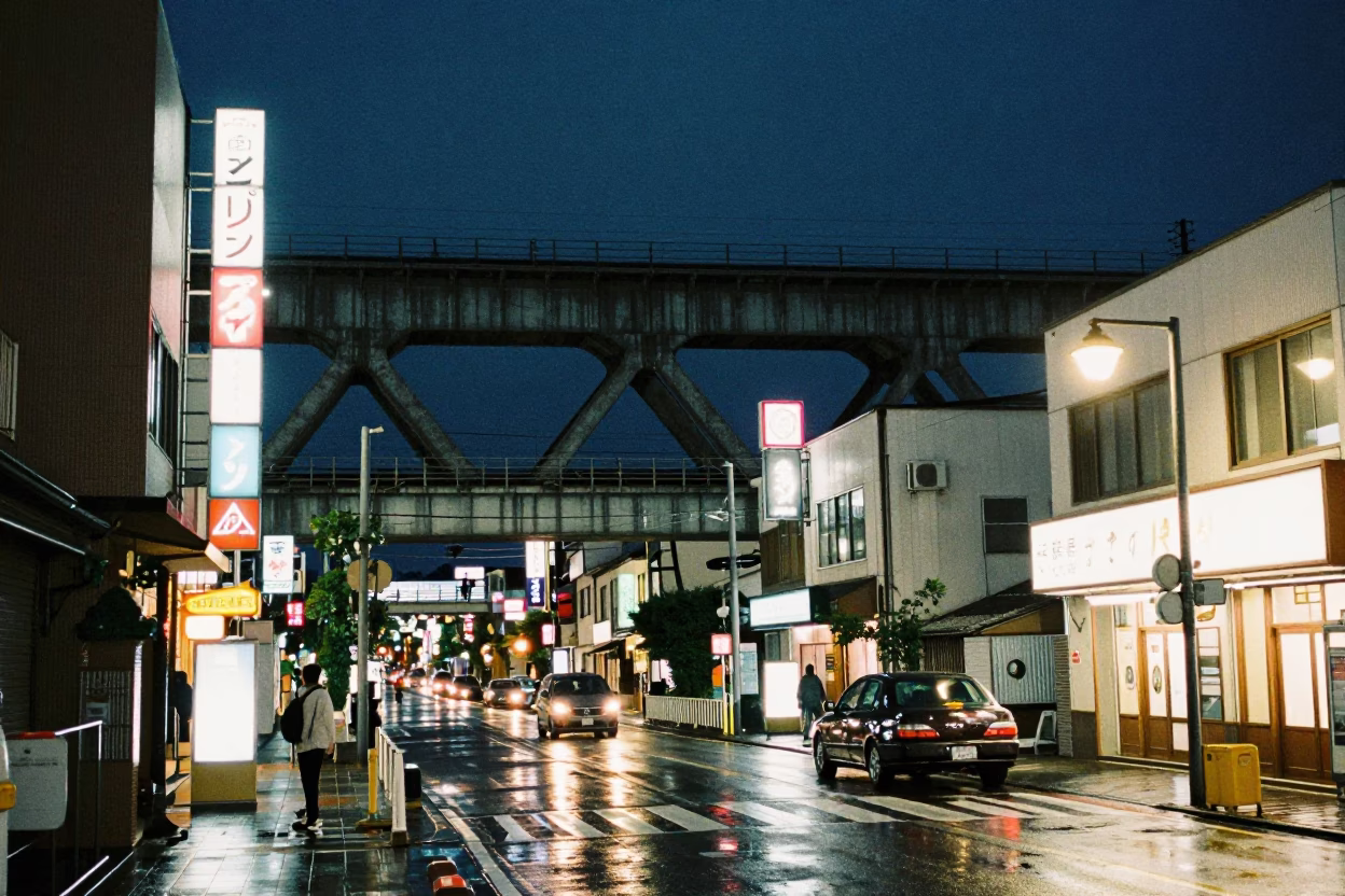 Late Night Osaka Street Scene with Railway Viaduct and Ramen Shop in in Osaka, Japan