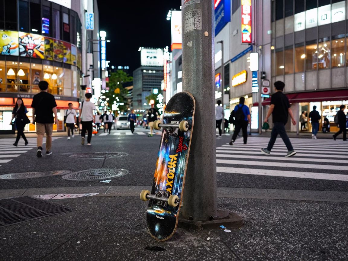 Late Night Osaka Street Scene with Skateboard and Neon Lights in in Osaka, Japan