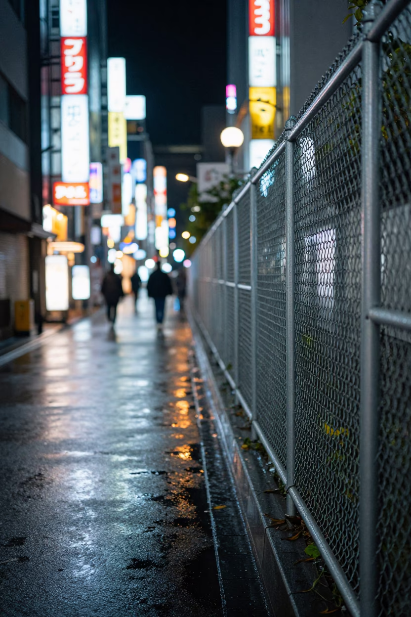Late Night Osaka Street Scene with Substation Fence and Neon Reflections in in Osaka, Japan