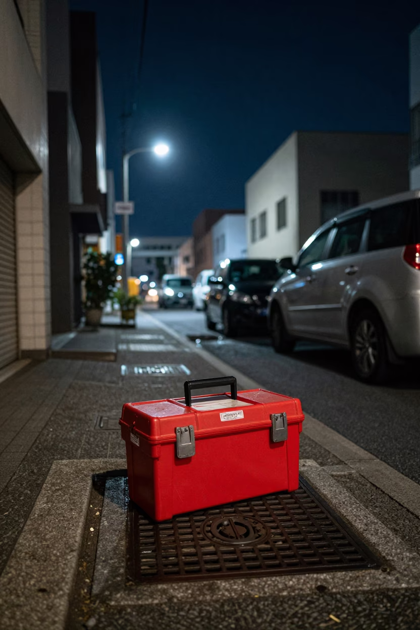Late Night Osaka Street Scene with Toolbox and Utility Details Under Deep Night Sky in in Osaka, Japan