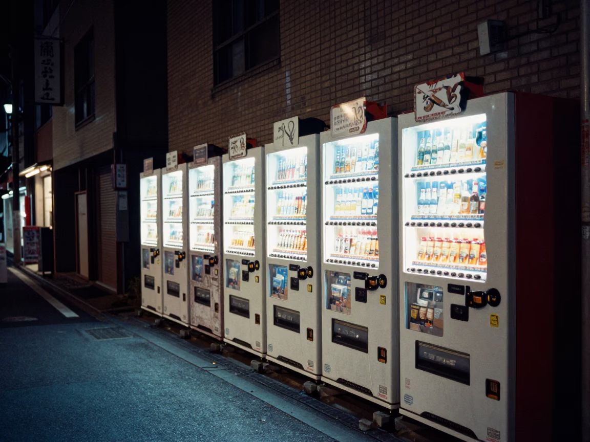 Late Night Osaka Street Scene with Vending Machines and Neon Reflections in in Osaka, Japan