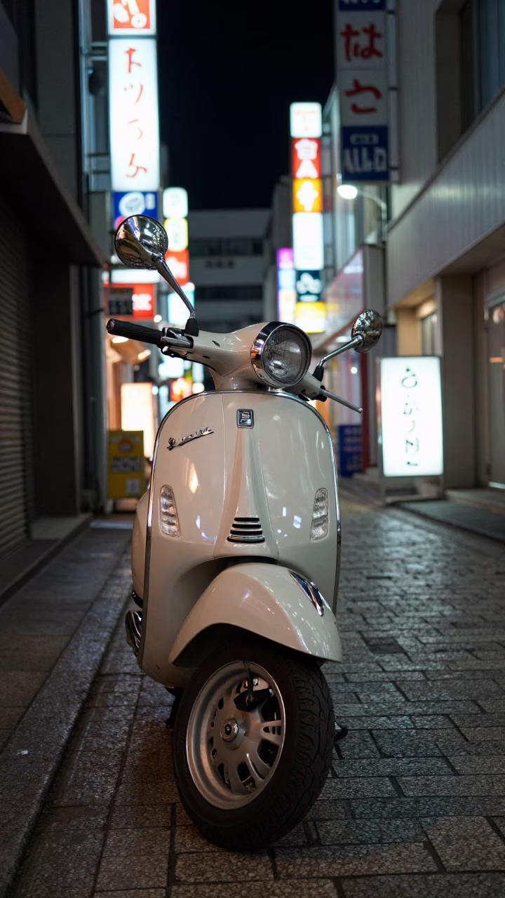 Late Night Osaka Street Scene with Vintage Vespa and Neon Signs in in Osaka, Japan