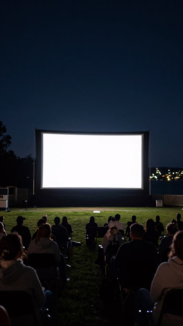 Late Night Outdoor Cinema in Auckland New Zealand with Rusty Sails in Background in in Auckland, New Zealand