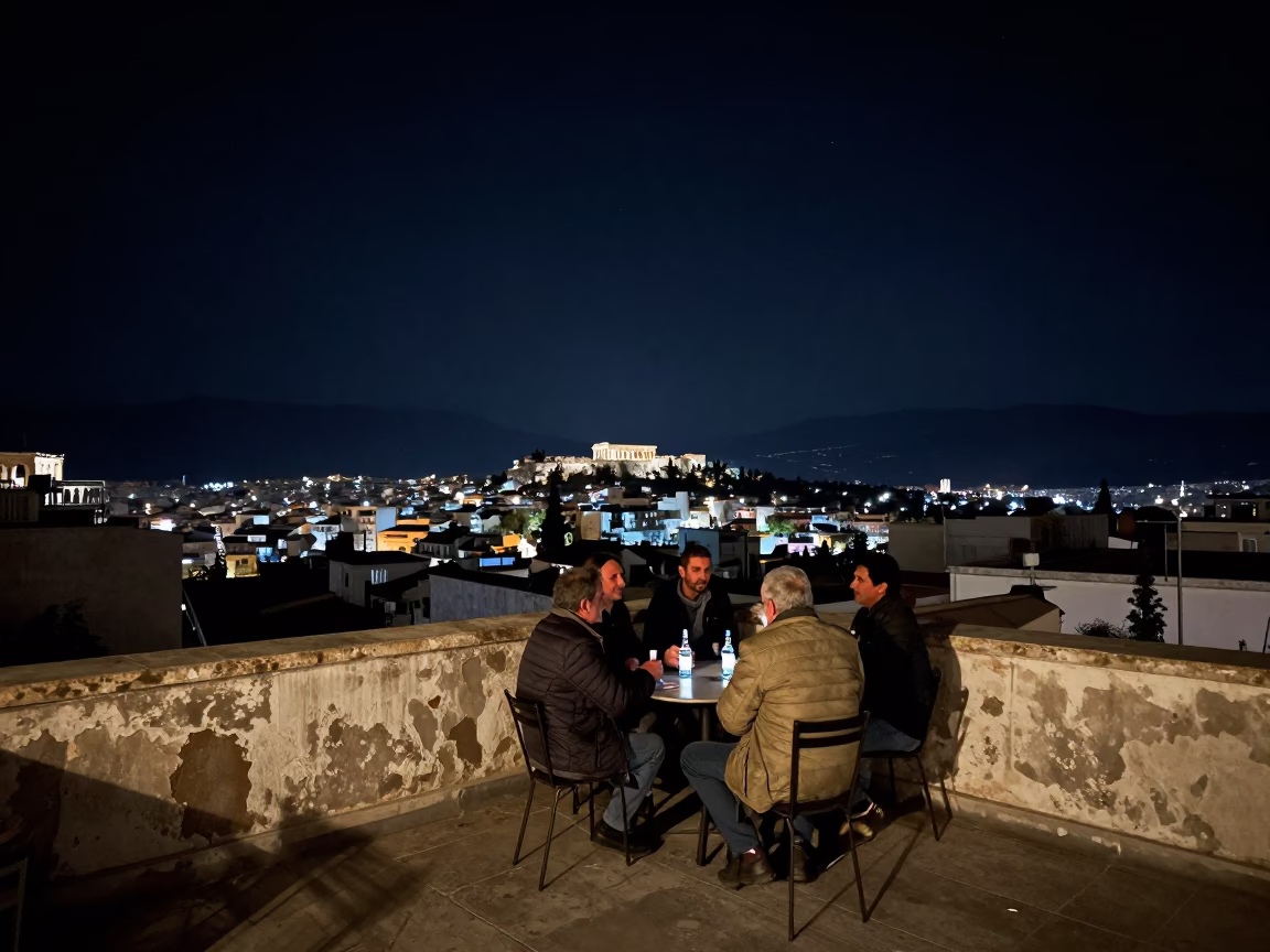 Late Night Ouzo Break on Athens Rooftop Under Starry Sky with Espresso in in Athens, Greece