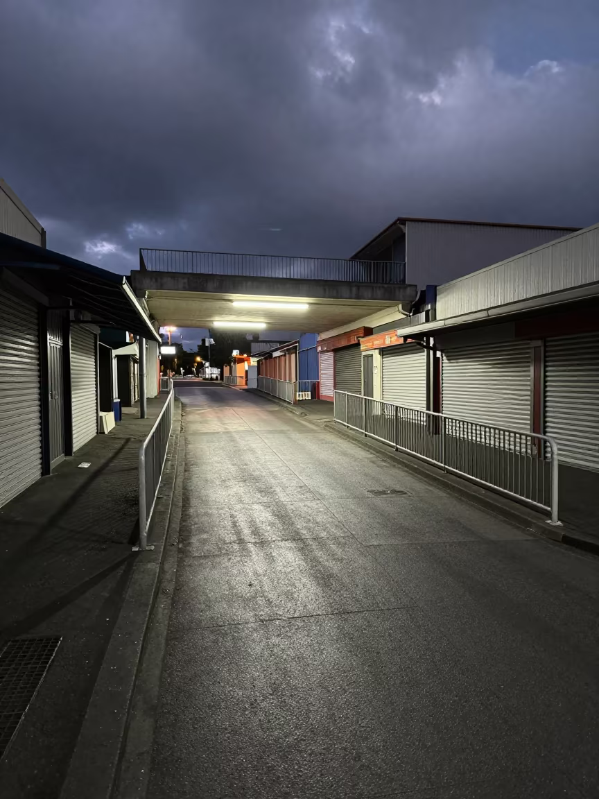 Late Night Overpass Above Shuttered Shops Auckland in beneath a flickering underpass light in Karangahape Road, Auckland