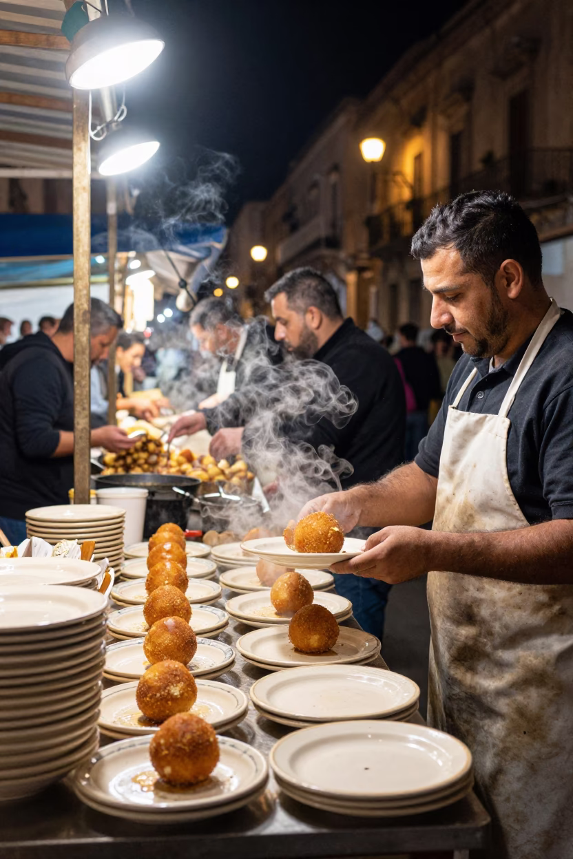 Late Night Palermo Street Food Scene with Ceramic Plates and Basil Leaves in in Palermo, Italy
