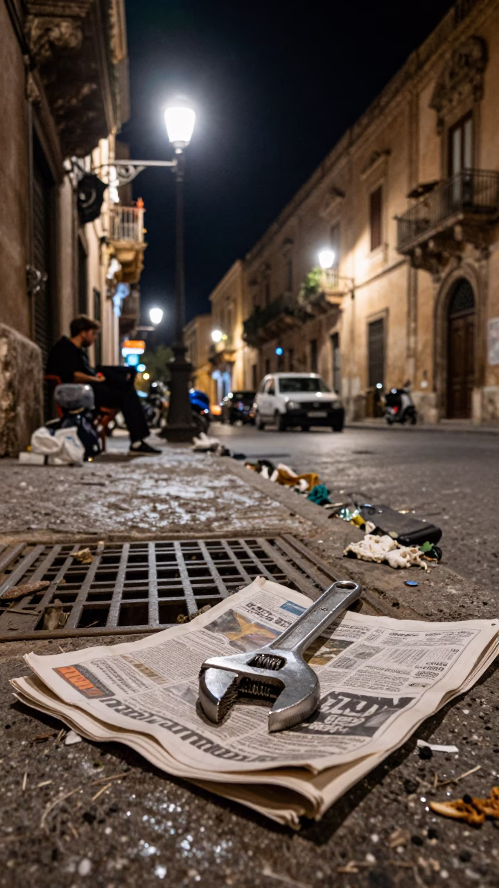 Late Night Palermo Street Scene with Adjustable Spanner and Canal Barge Reflections in in Palermo, Italy