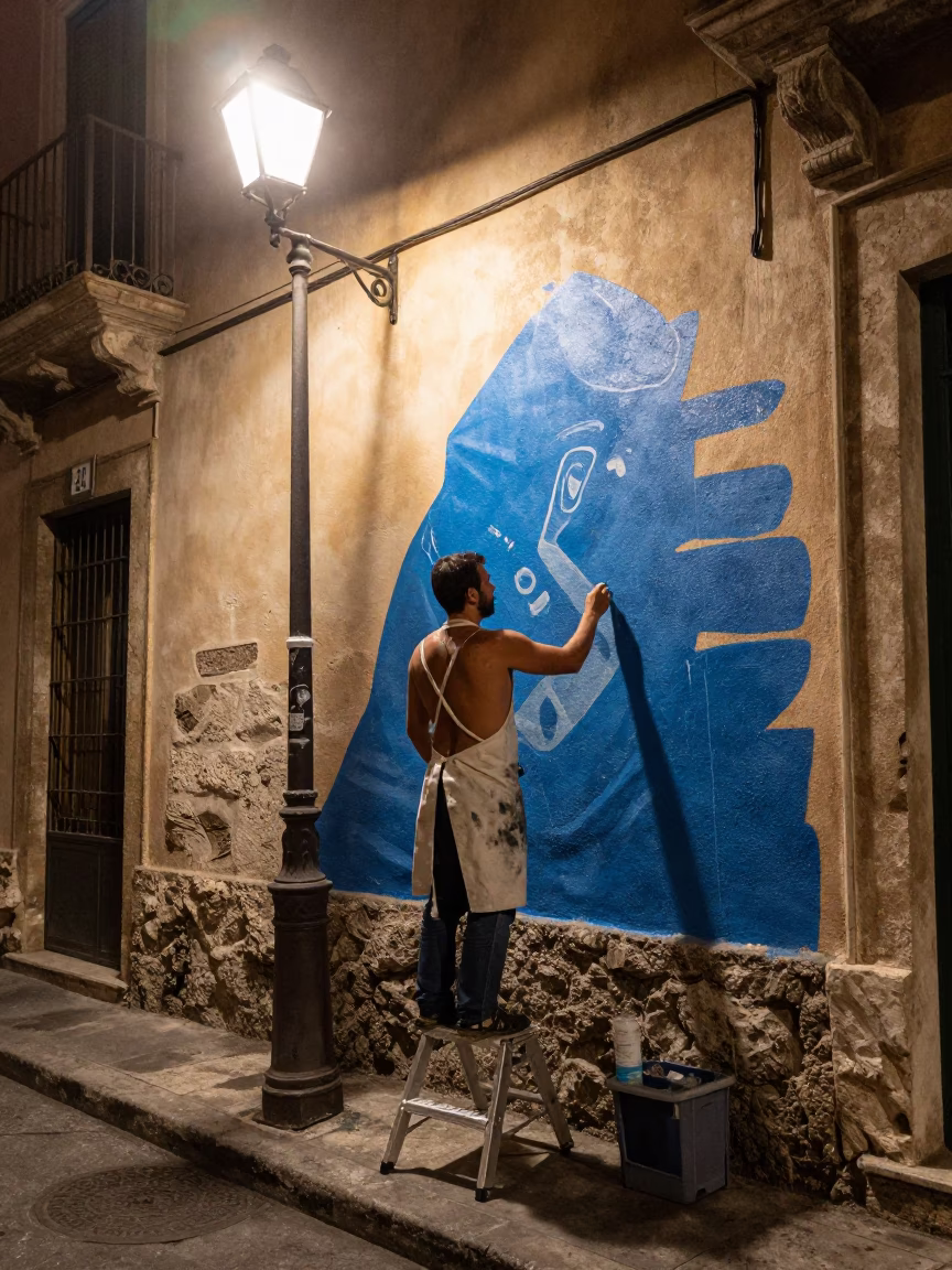 Late Night Palermo Street Scene with Artist Painting Mural and Local Observer in in Palermo, Italy