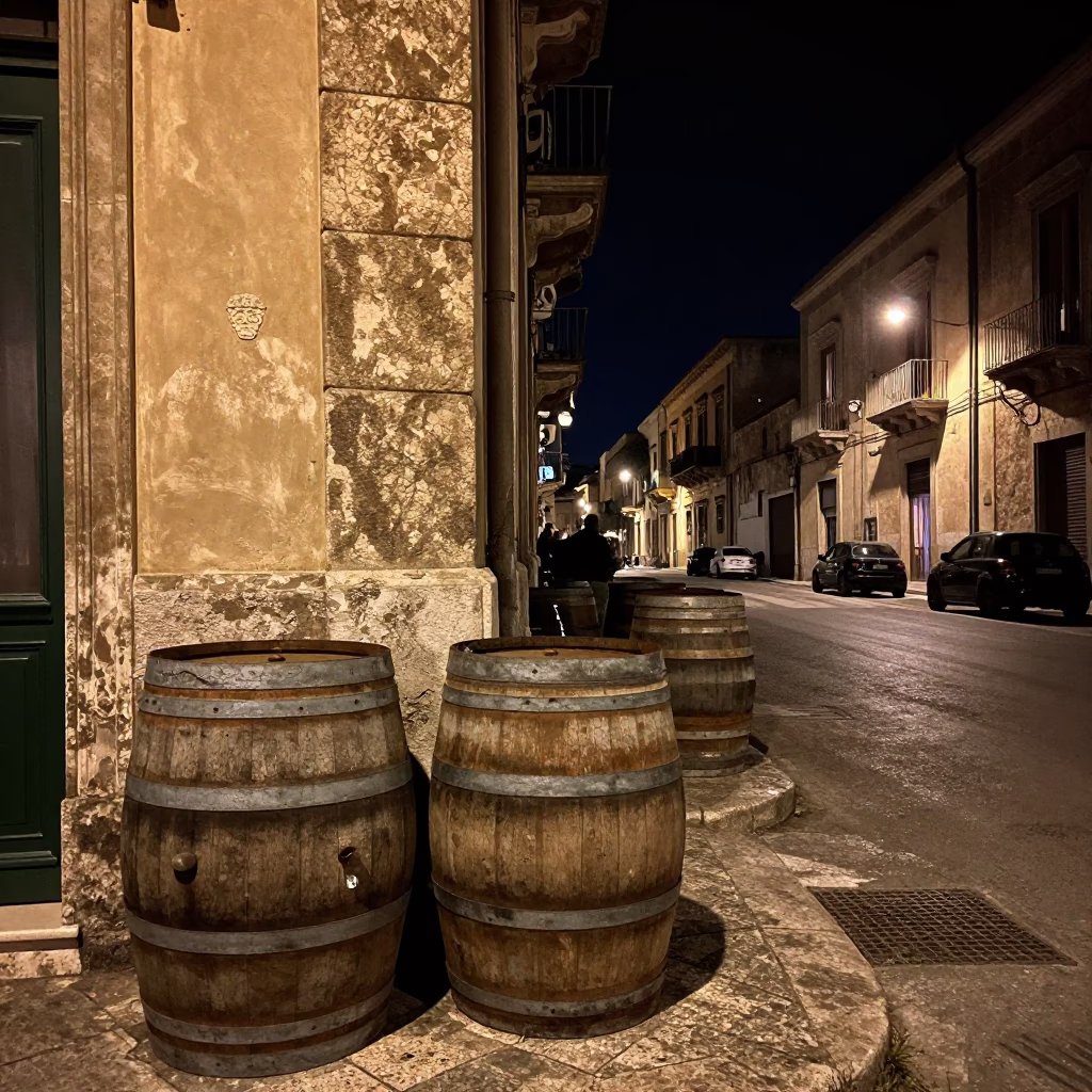 Late Night Palermo Street Scene with Barrels and Urban Shadows in in Palermo, Italy