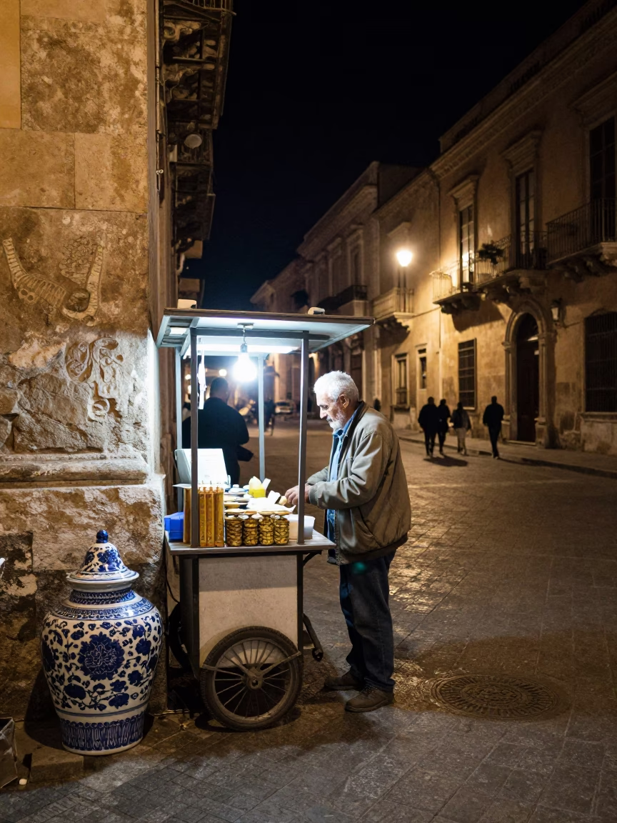 Late Night Palermo Street Scene with Blue Porcelain Jar and Steel Shelf in in Palermo, Italy