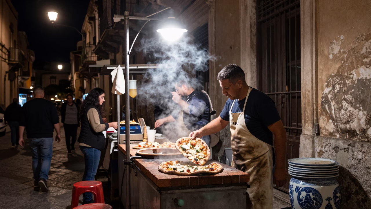 Late Night Palermo Street Scene with Blue White Porcelain Plate and Wood Fired Pizza in in Palermo, Italy