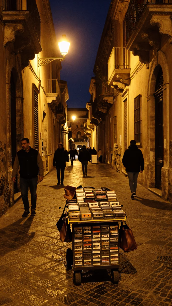 Late Night Palermo Street Scene with Cassette Tapes and Vintage Street Elements in in Palermo, Italy