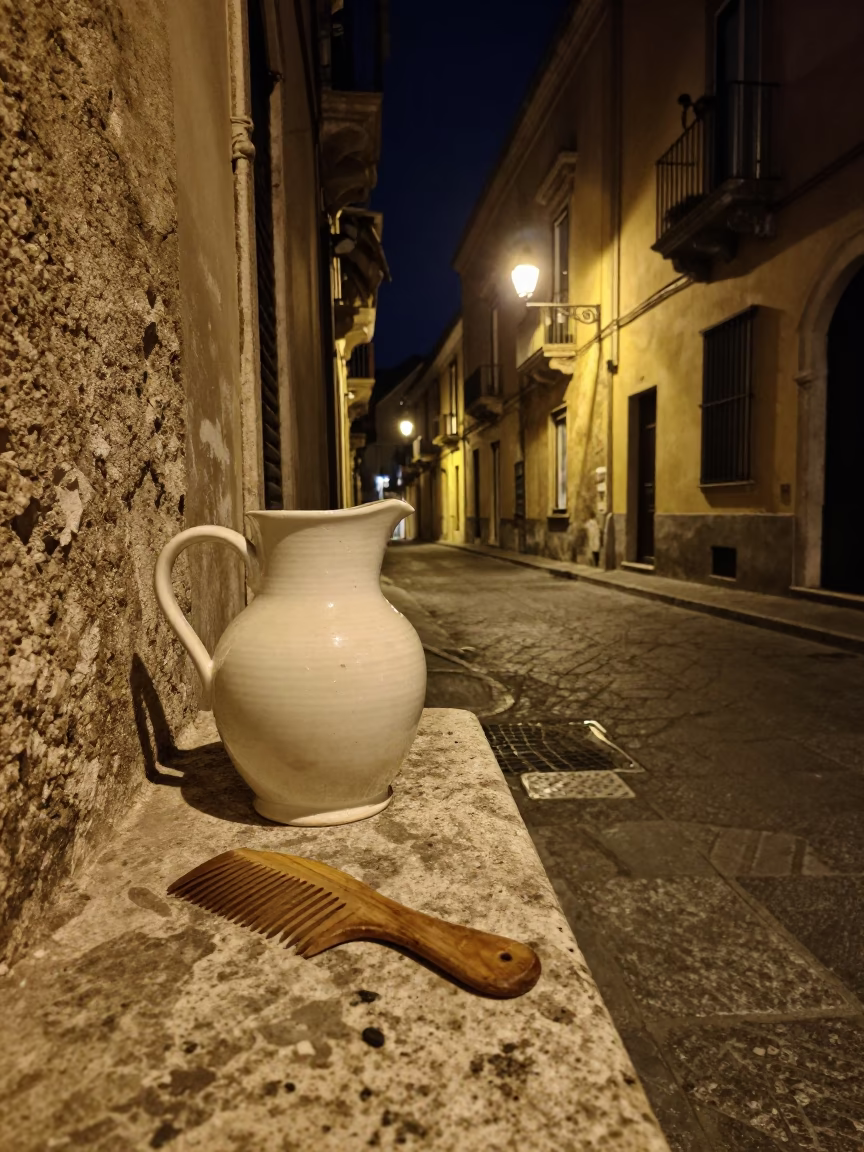 Late Night Palermo Street Scene with Ceramic Pitcher and Scratched Comb on Balcony Ledge in in Palermo, Italy