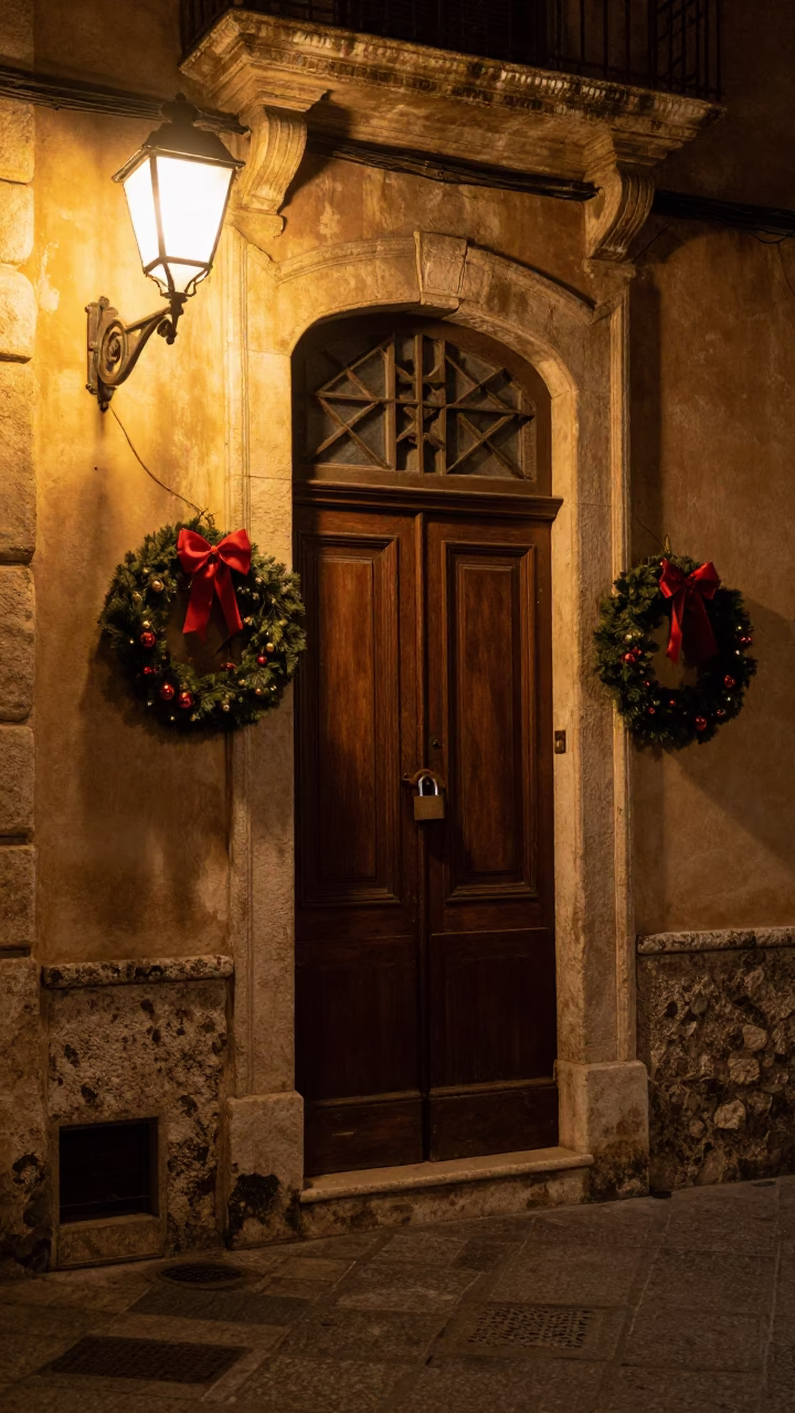 Late Night Palermo Street Scene with Door Wreaths and Padlock in in Palermo, Italy