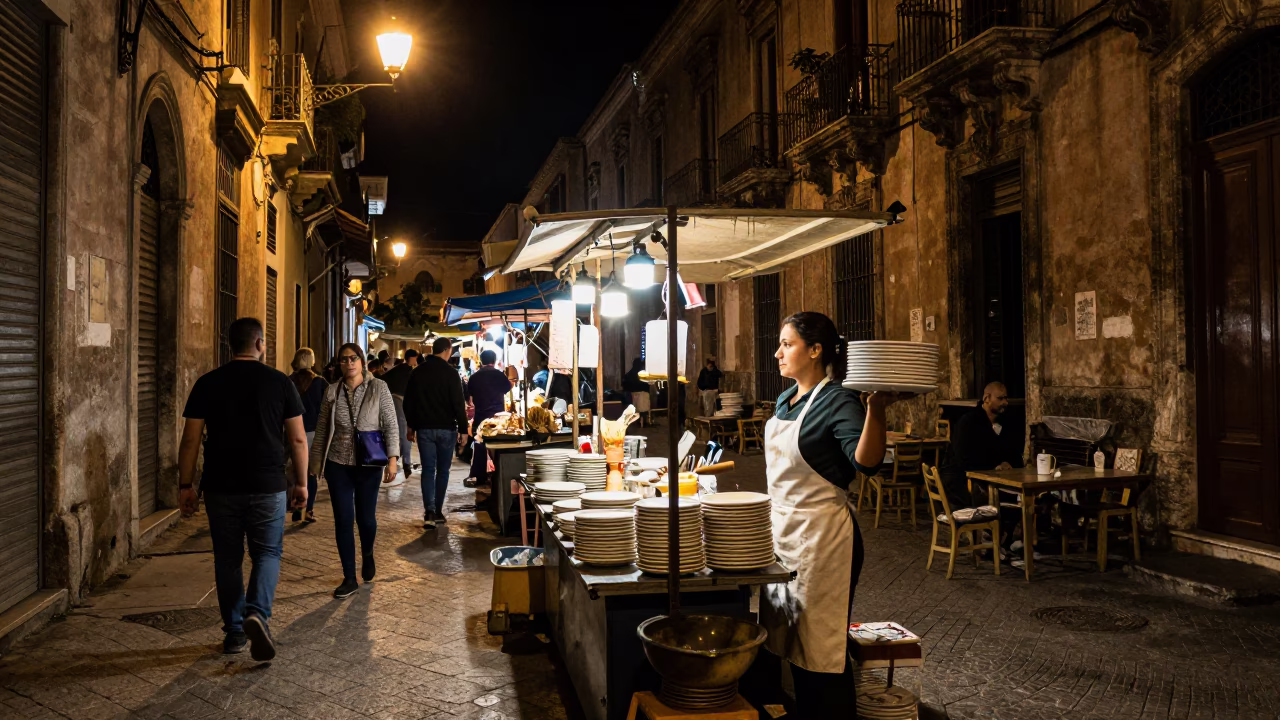 Late Night Palermo Street Scene with Dripping Enamel and Wine Opener in in Palermo, Italy