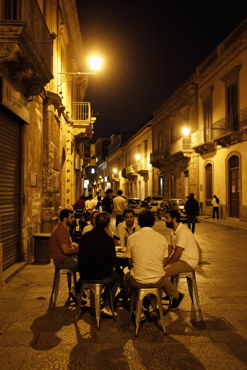 Late Night Palermo Street Scene with Metal Stools and Local Interaction in in Palermo, Italy