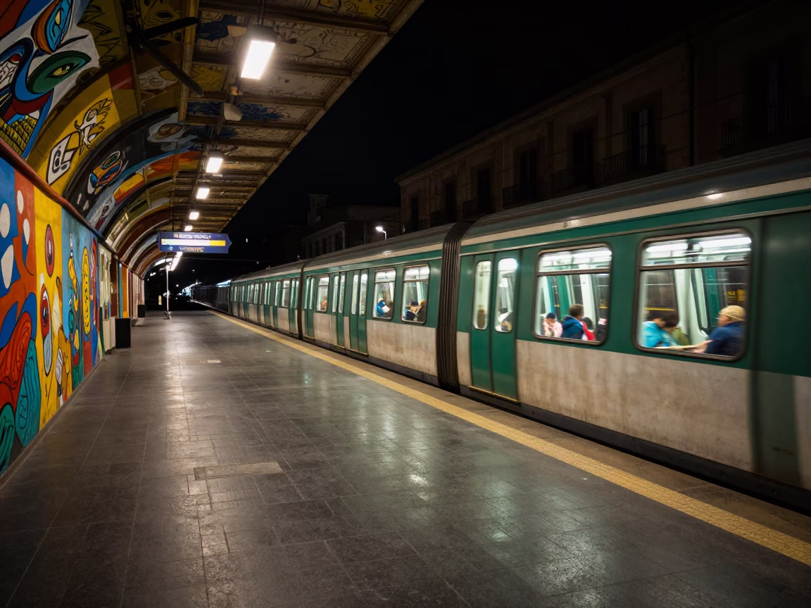 Late Night Palermo Street Scene with Metro Train and Urban Details in in Palermo, Italy