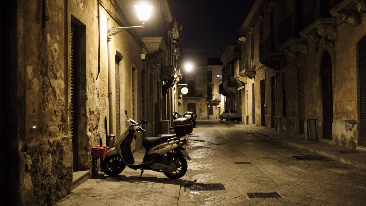 Late Night Palermo Street Scene with Motorcycle and Toolbox Near Cathedral in in Palermo, Italy