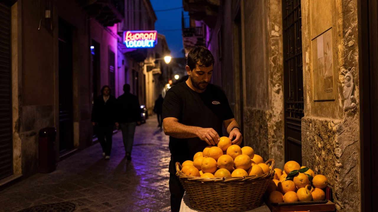 Late Night Palermo Street Scene with Neon Lights and Traditional Basket in in Palermo, Italy