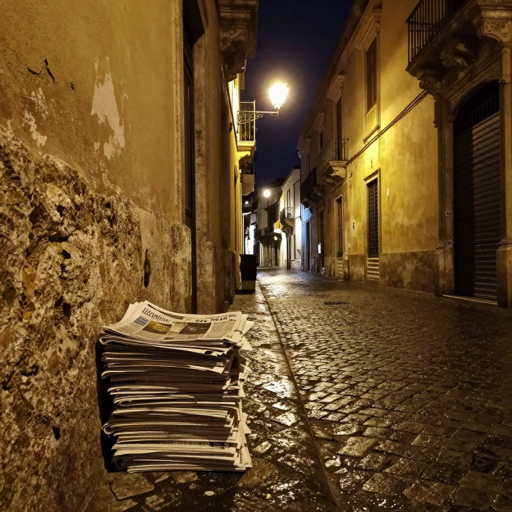 Late Night Palermo Street Scene with Newspaper Stack and Urban Night Life in in Palermo, Italy