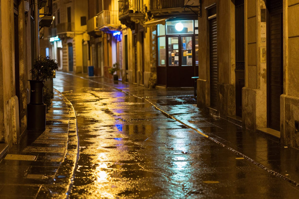 Late Night Palermo Street Scene with Oil-Sheen Rainwater and Magnolia Bloom in in Palermo, Italy