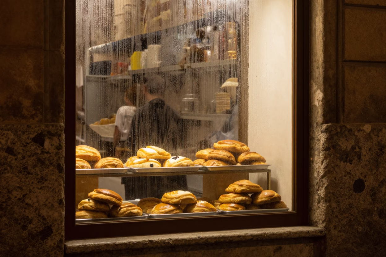 Late Night Palermo Street Scene with Pastry Shop Window and Espresso Cup in in Palermo, Italy