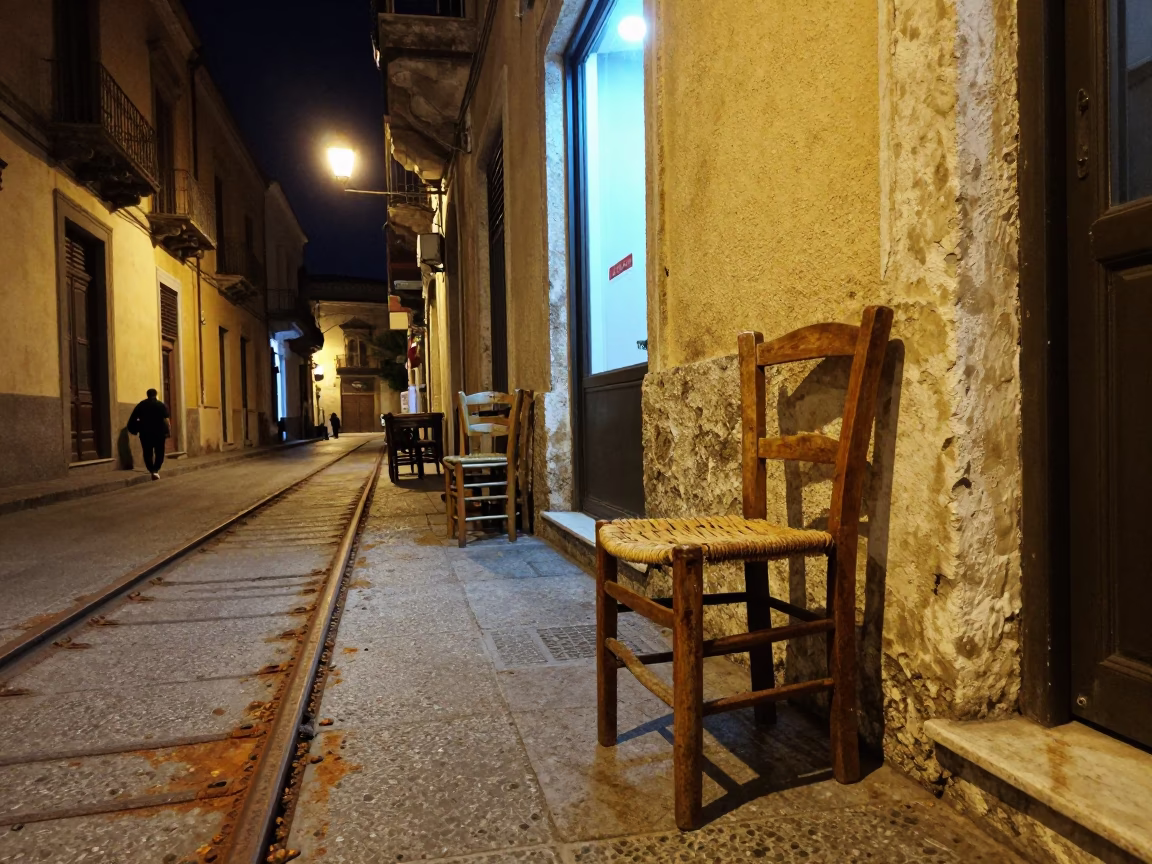 Late Night Palermo Street Scene with Rusty Rail and Leaf Shadows on Tile Grout in in Palermo, Italy