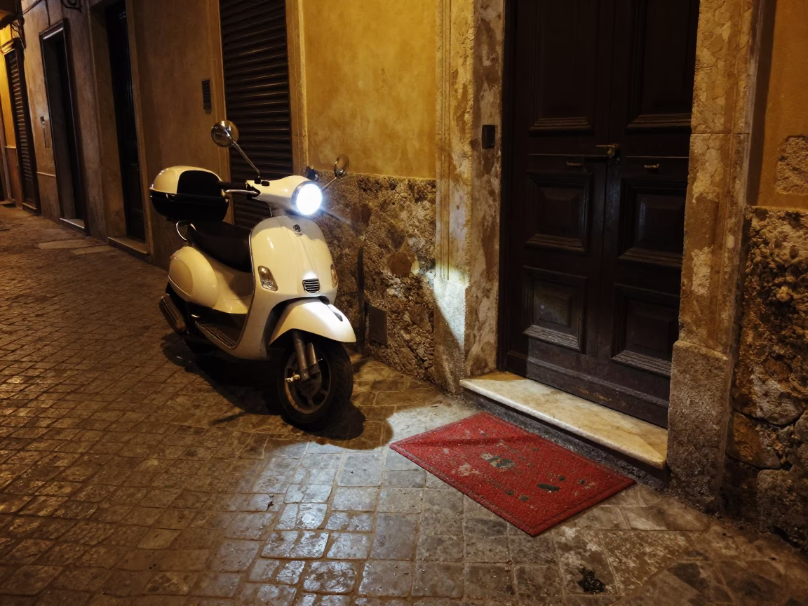 Late Night Palermo Street Scene with Scooter and Doormat in Historic Italian Alley in in Palermo, Italy