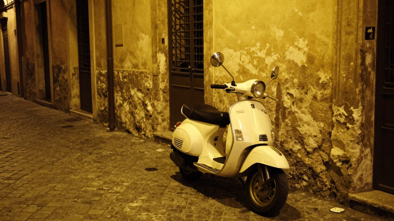 Late Night Palermo Street Scene with Scooter and Mille-Feuille Dessert in in Palermo, Italy