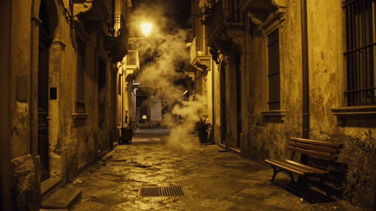Late Night Palermo Street Scene with Steam Haze and Blue Hydrangeas in in Palermo, Italy