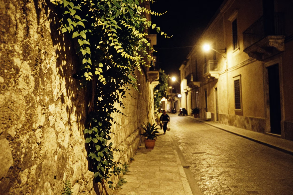 Late Night Palermo Street Scene with Stone Wall and Newspaper Stack in in Palermo, Italy