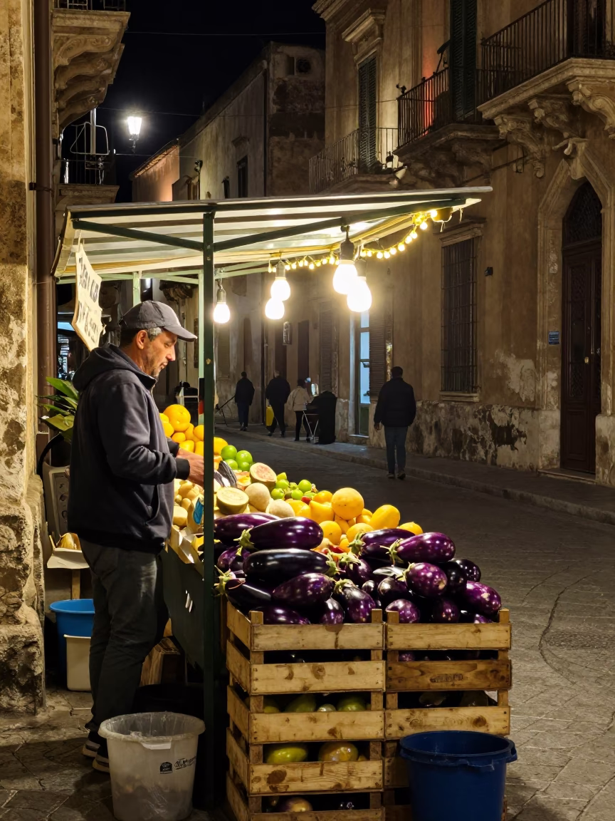 Late Night Palermo Street Scene with String Lights and Eggplant Vendor in in Palermo, Italy