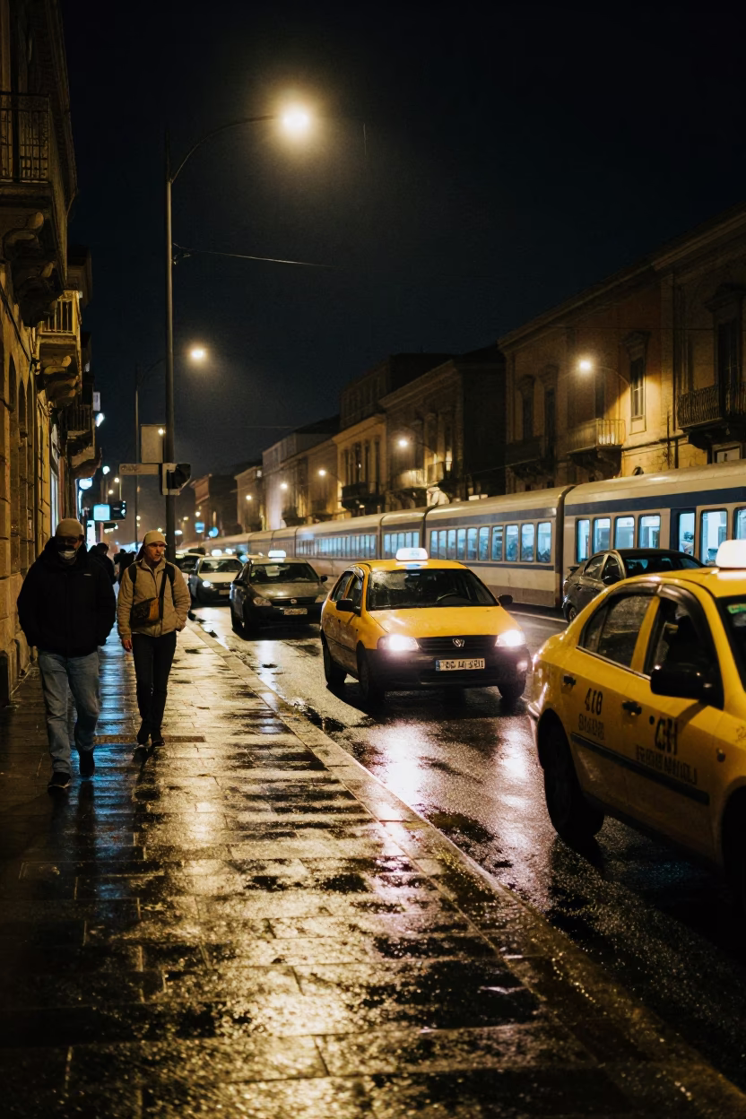 Late Night Palermo Street Scene with Taxi Rank and Metal Bucket in in Palermo, Italy